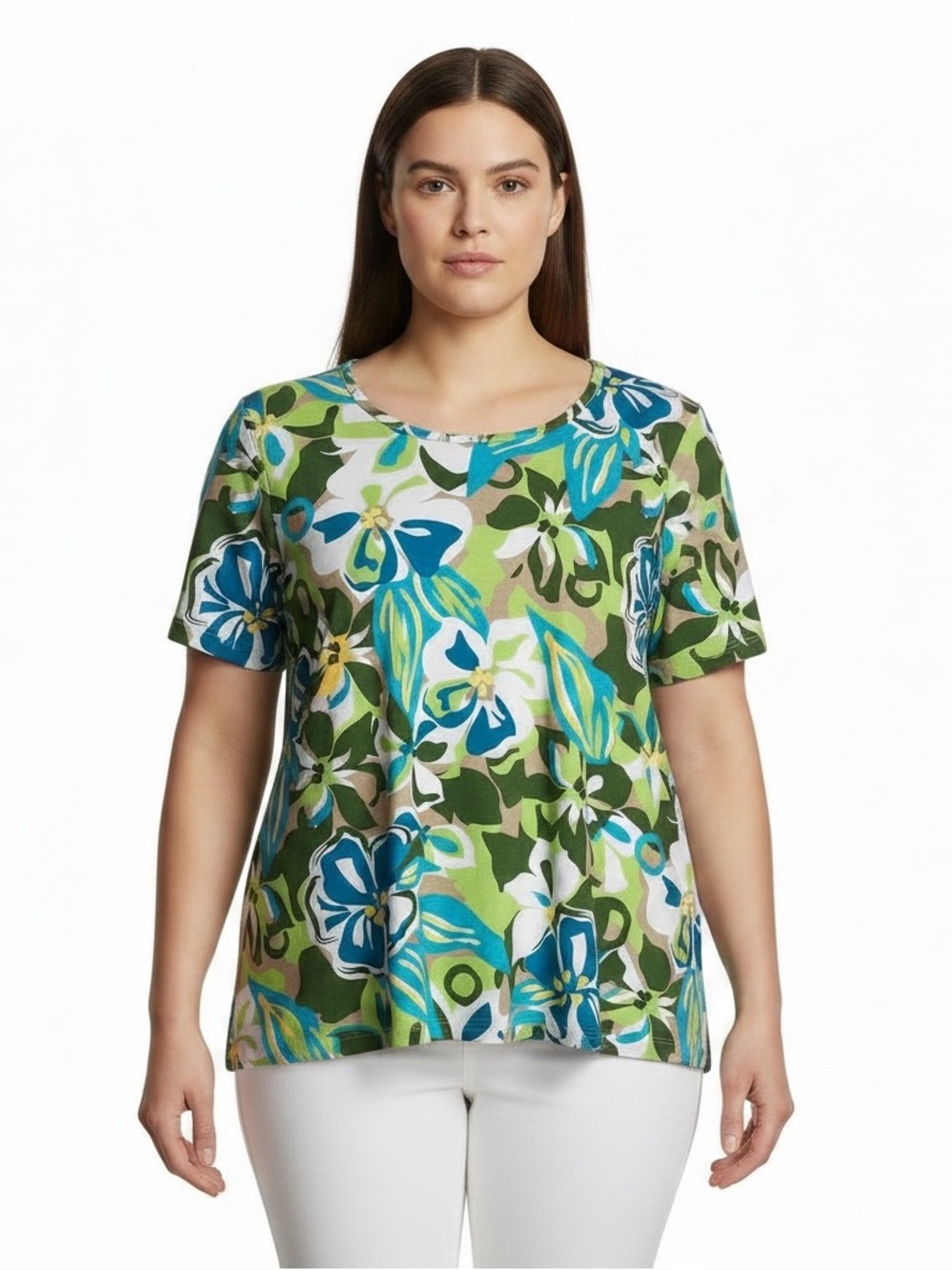🩷 Scott Taylor Women 2X Floral Green Short Sleeve Shirt Stretch Everyday Comfy